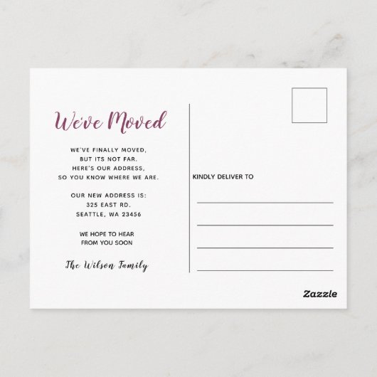 牡丹の花瓶私たちは新しいアドレスを移動している ポストカード (裏面)