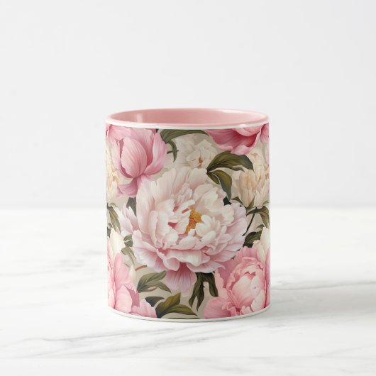 牡丹の花白ピンクのフローラ マグカップ (中央)