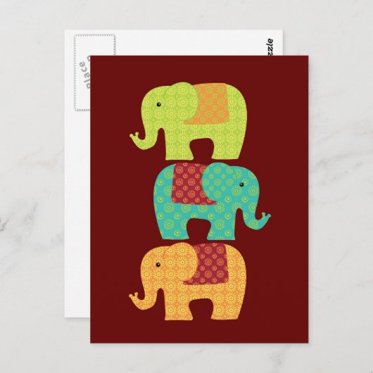 牡丹の赤に花を咲かせた民族象 ポストカード (正面/裏面)