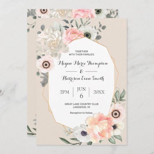 牡丹アネモネス赤面フローラウォーター結婚カラー  招待状 (正面/裏面)