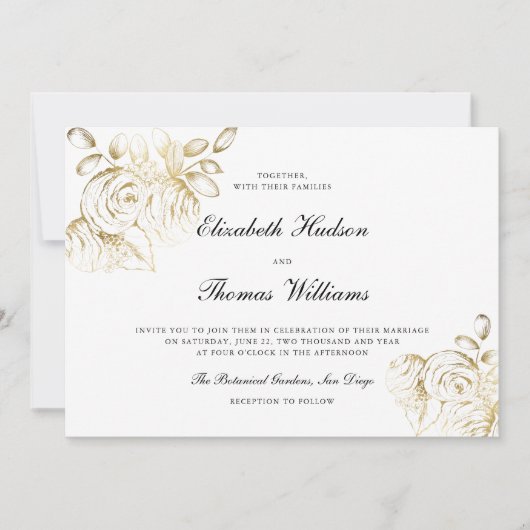 牡丹アートスモダンケックラシックチフェイク金ゴールド結婚ズ 招待状 (正面)