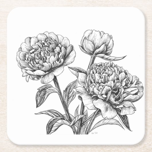 牡丹インクスケッチ スクエアペーパーコースター (正面)