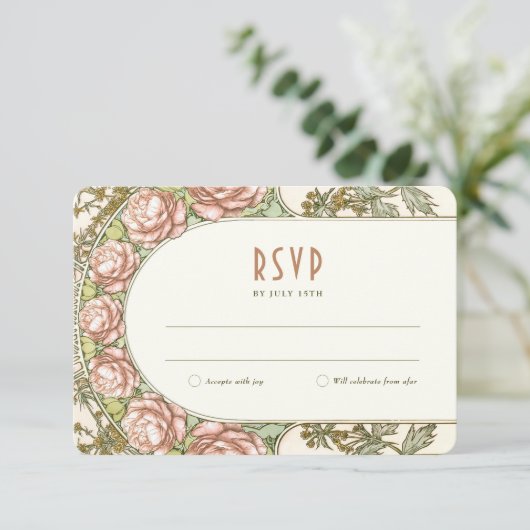 牡丹ウェディングRSVP挿入ヴィンテージアールデコミュシャ 招待状 (スタンド正面)