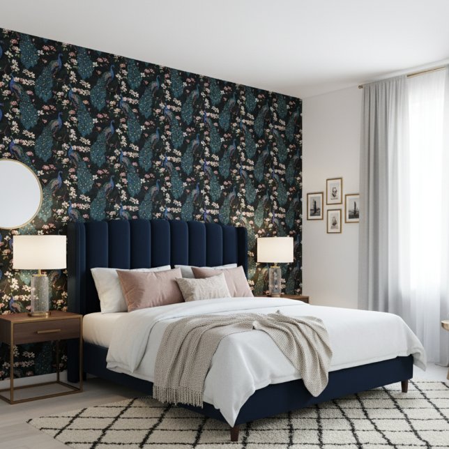 牡丹エレガントと朴の花はほぼ黒 壁紙 (Contemporary Floral Peacock Pattern Wallpaper in Almost Black. Teal Peacock Birds & Magnolia Flowers)
