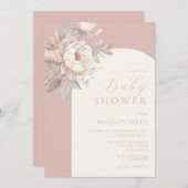 牡丹エレガントバラほこりっぽいピンク色の赤ちゃんシャワー 招待状 (正面/裏面)