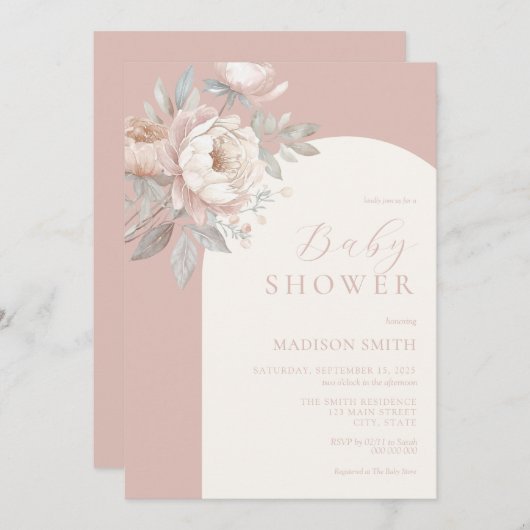 牡丹エレガントバラほこりっぽいピンク色の赤ちゃんシャワー 招待状 (正面/裏面)