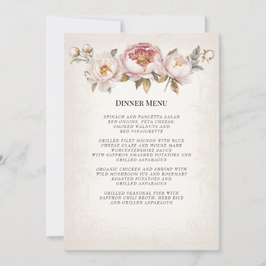 牡丹エレガントピンクフローラヴィンテージウェディングメニュー 招待状 (正面)