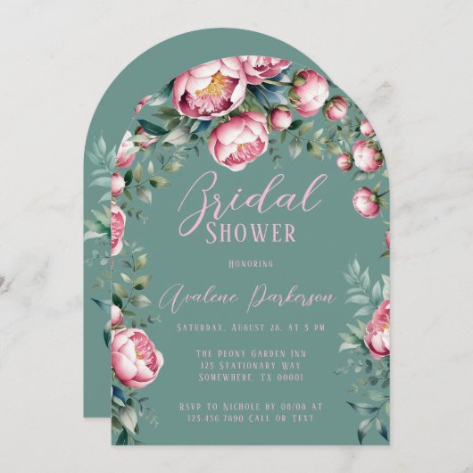 牡丹エレガントブーケ入り水彩ブライダルシャワー 招待状 (正面/裏面)
