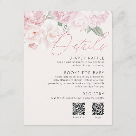 牡丹エレガント女の子ベビーシャワー詳細2 QRコード エンクロージャーカード (正面)