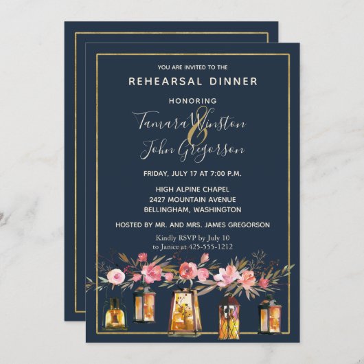 牡丹エレガント弦ラ素朴イツネイビーコーラル 招待状 (正面/裏面)