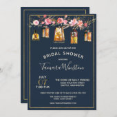 牡丹エレガント灯素朴提灯ネイビーコーラルフローラ 招待状 (正面/裏面)