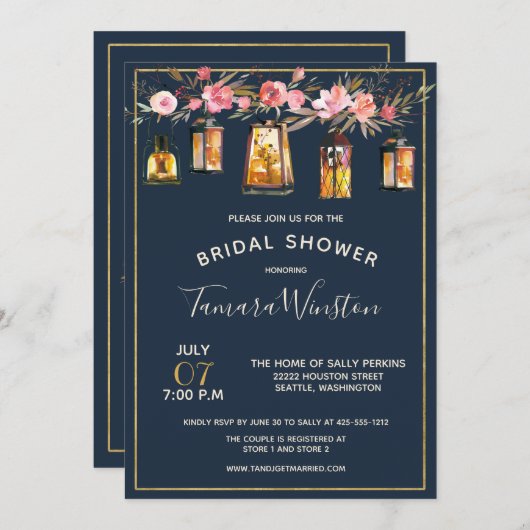 牡丹エレガント灯素朴提灯ネイビーコーラルフローラ 招待状 (正面/裏面)