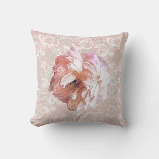 牡丹オンピーチフェイクーピンクレース クッション (正面)