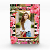 牡丹オン白黒ストライプ金ゴールドドットカスタム フォトブロック (正面)