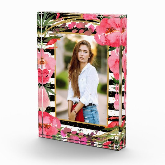 牡丹オン白黒ストライプ金ゴールドドットカスタム フォトブロック (右)