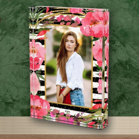 牡丹オン白黒ストライプ金ゴールドドットカスタム フォトブロック