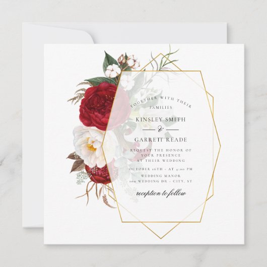 牡丹カラフルブーケ金ゴールドフレ結婚ーム 招待状 (正面)