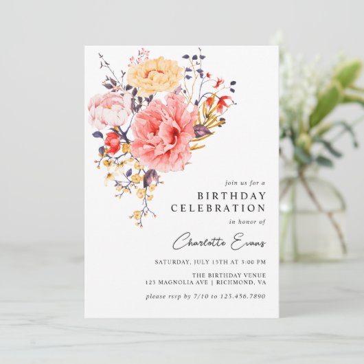 牡丹ガーデンエレガントフローラ任意の年齢大人誕生日 招待状 (スタンド正面)