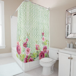 牡丹ガーデントレリスピンクバーガンディバラ水彩 シャワーカーテン