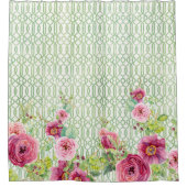 牡丹ガーデントレリスピンクバーガンディバラ水彩 シャワーカーテン (正面)