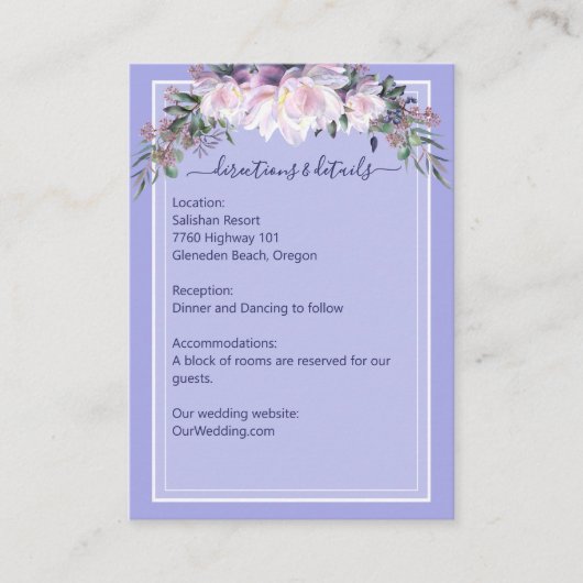 牡丹ガーデンペリウィンクルラベンダー結婚の詳細 エンクロージャーカード (正面)