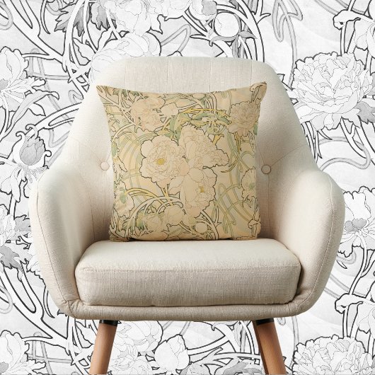 牡丹バイアルフォンスミュシャ、ヴィンテージアールヌーボー クッション