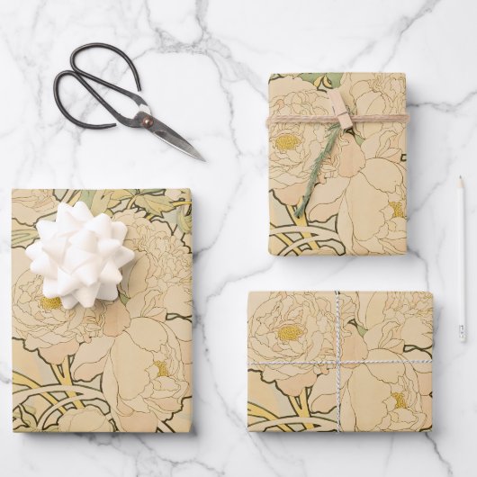 牡丹バイアルフォンスミュシャ、ヴィンテージアールヌーボー ラッピングペーパーシート (正面)