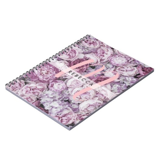 牡丹バラフローラピンクスクリプトモノグラム ノートブック (左側)