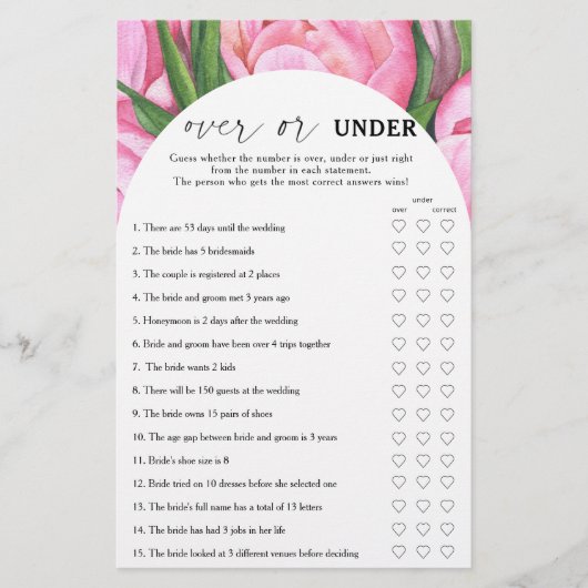 牡丹バラ – ゲームの上または下ブライダルシャワー (正面)