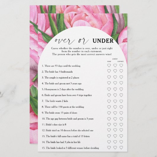 牡丹バラ – ゲームの上または下ブライダルシャワー (正面/裏面)