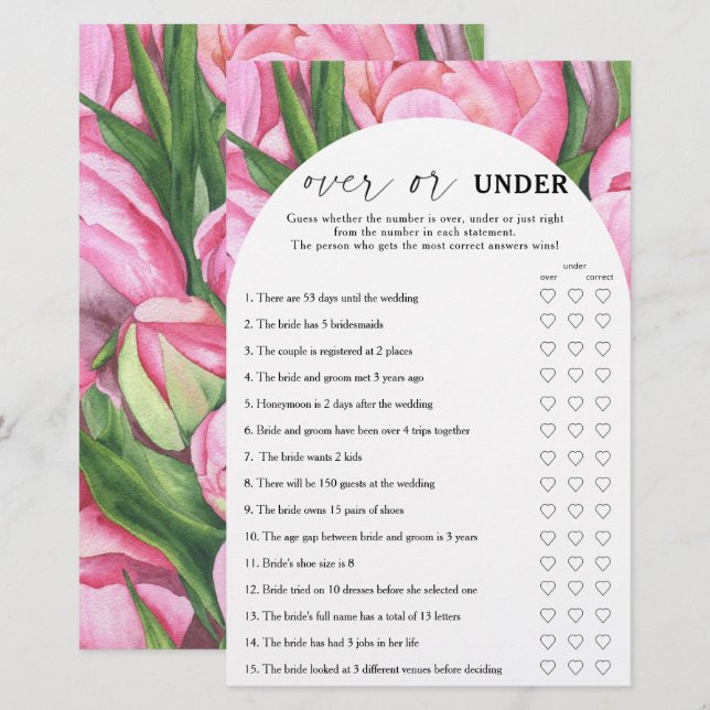 牡丹バラ – ゲームの上または下ブライダルシャワー (正面/裏面)