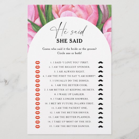 牡丹バラ – 彼は彼女はブライダルシャワーゲームを言った (正面)