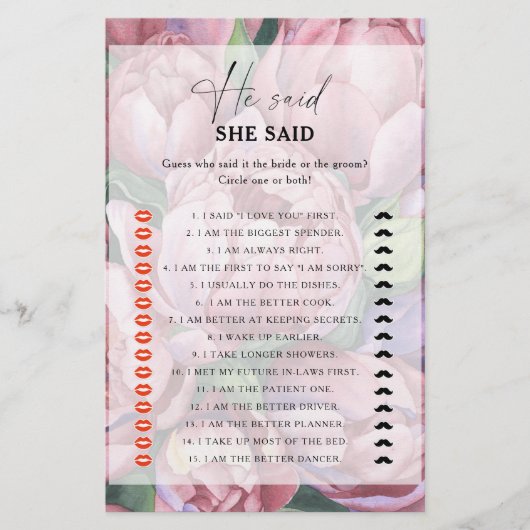 牡丹バラ – 彼は彼女はブライダルシャワーゲームを言った (正面)