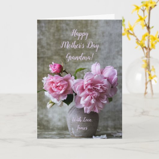 牡丹ピンクのバラの花が母の日に幸せなおばあちゃん カード (黄色い花)