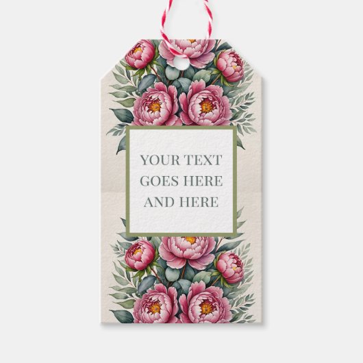 牡丹ピンクの水色の花ユーカリプタスギフトラベル ギフトタグ (正面)