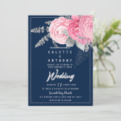 牡丹ピンクシルバーグリッターネイビーブルーフローラ結婚ズ 招待状 (スタンド正面)