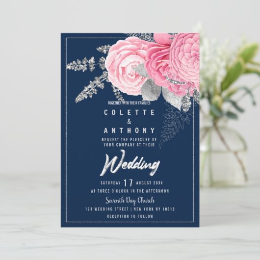 牡丹ピンクシルバーグリッターネイビーブルーフローラ結婚ズ 招待状 (スタンド正面)