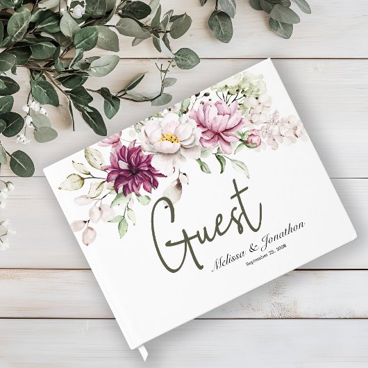 牡丹ピンクブルゴーニュフローラエレガントな結婚式 ゲストブック