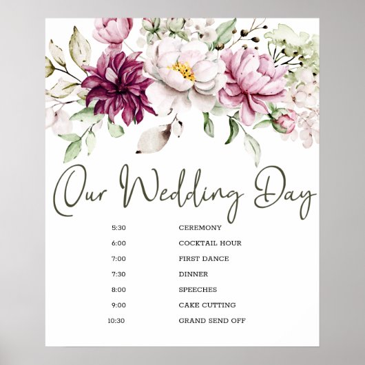 牡丹ピンクブルゴーニュフローラ結婚のスケジュールのサイン ポスター (正面)