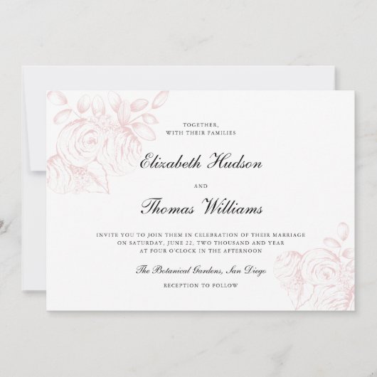 牡丹ピンクモダンスクラシッククスタイリッシュス結婚ト 招待状 (正面)