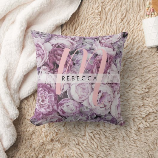 牡丹ピンクローゼスフローラモノグラム名 クッション (ブランケット)