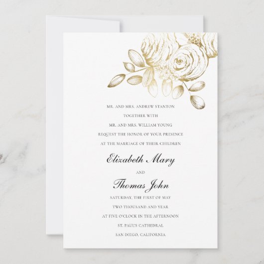 牡丹フェイク金ゴールドスフォーマル伝統的結婚ケ 招待状 (正面)