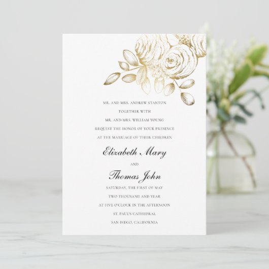 牡丹フェイク金ゴールドスフォーマル伝統的結婚ケ 招待状 (スタンド正面)