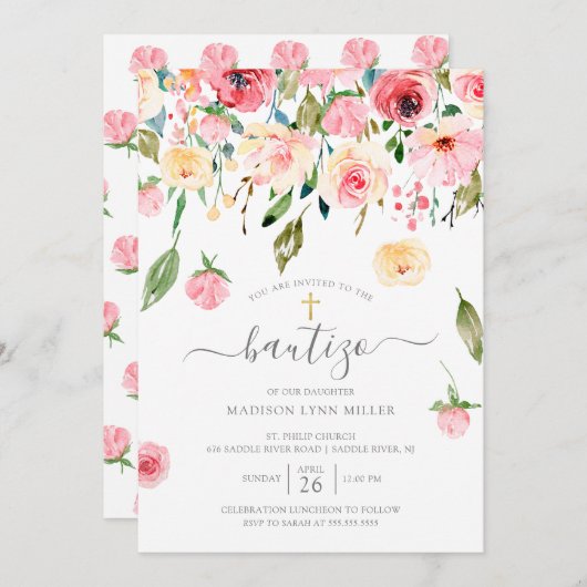 牡丹フローラスペインの洗礼 招待状 (正面/裏面)