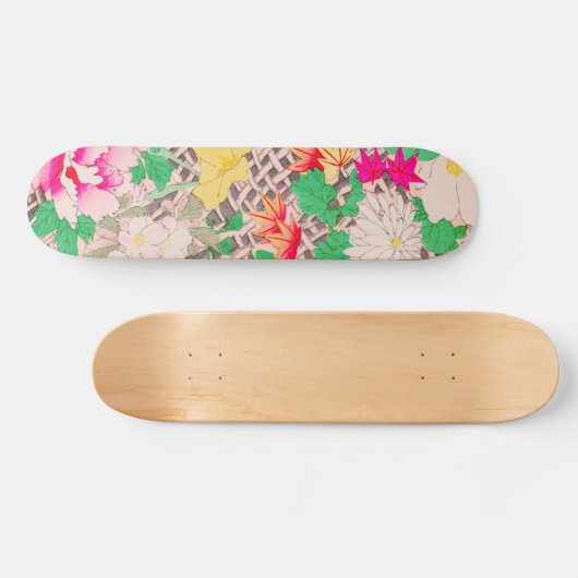 牡丹フローラプリントヴィンテージ日本のレトロパターン スケートボード (横)