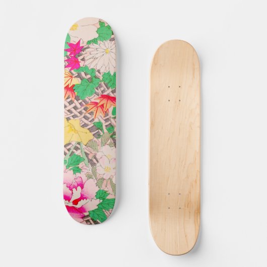 牡丹フローラプリントヴィンテージ日本のレトロパターン スケートボード (正面)
