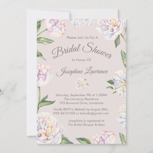 牡丹フローラマウヴブライダルシャワー招待状 招待状 (正面)