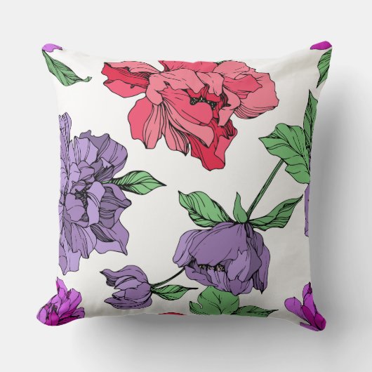 牡丹フローラ孤立インクアートワークピンク、紫 クッション (正面)