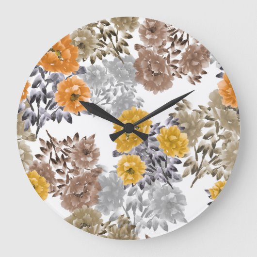 牡丹フローラ水彩白い背景 ラージ壁時計 (正面)