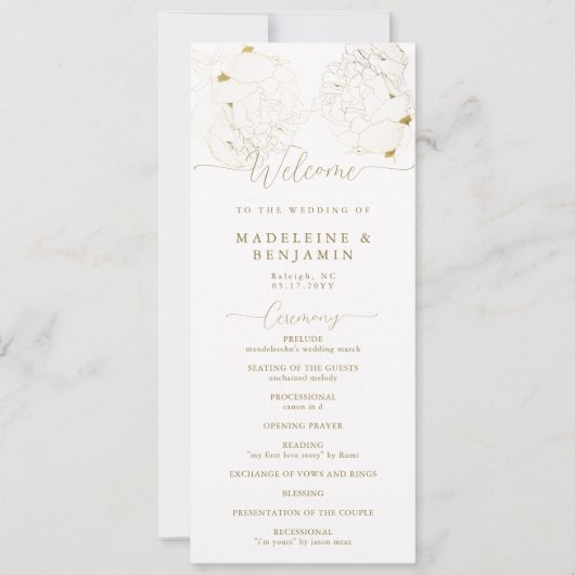 牡丹フローラ金ゴールドレースエレガントなウェディングプログラム (正面)